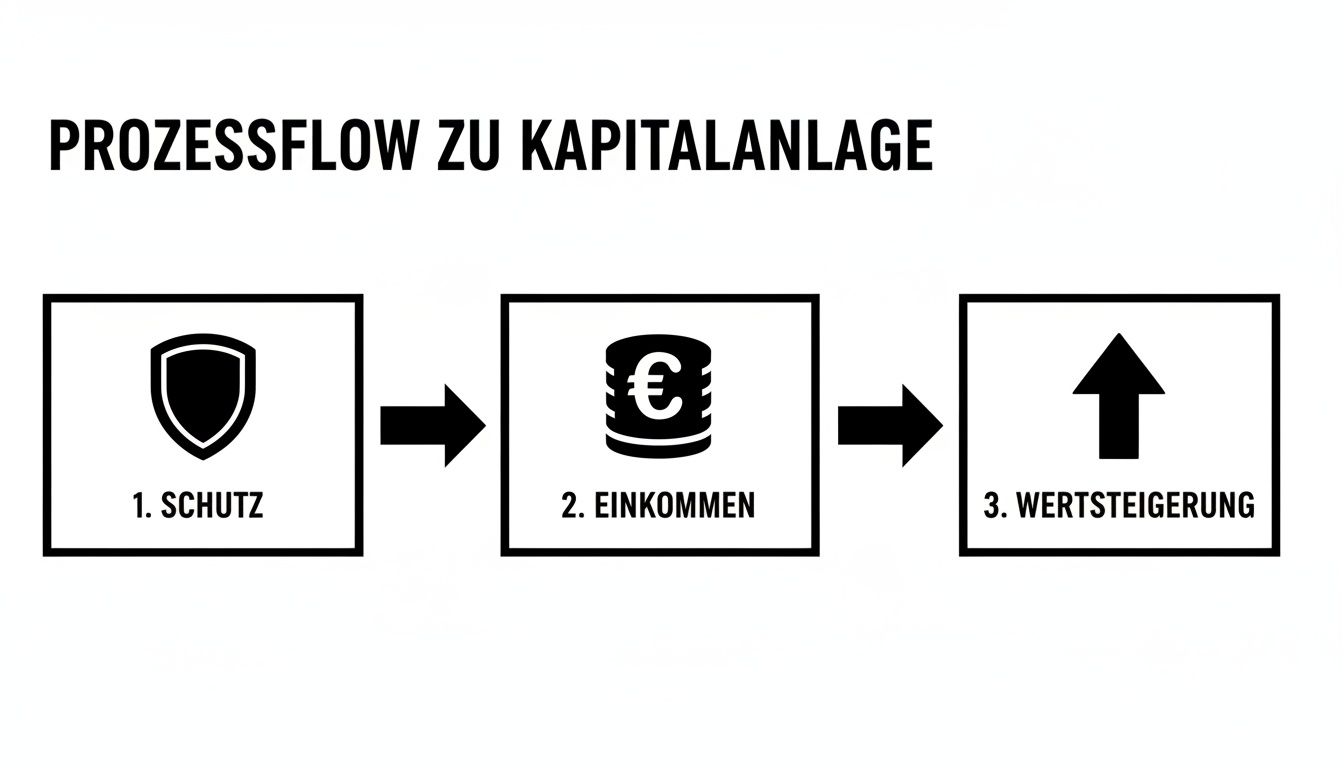 Prozessfluss zur Kapitalanlage mit den drei Schritten: Schutz, Einkommen und Wertsteigerung.