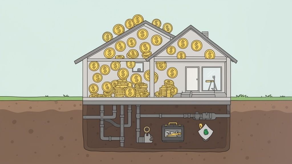 Schnittbild eines Hauses, gefüllt mit Goldmünzen oben und Rohren sowie Werkzeugen im Untergrund.
