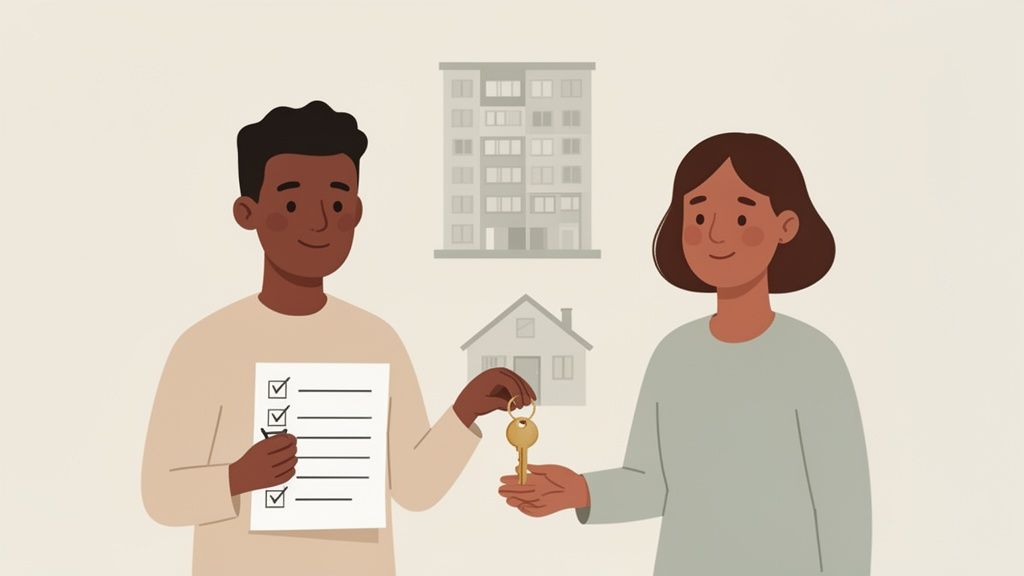 Ein Mann übergibt einer Frau Hausschlüssel vor einem Wohnhaus und einem Einfamilienhaus, mit Checkliste.