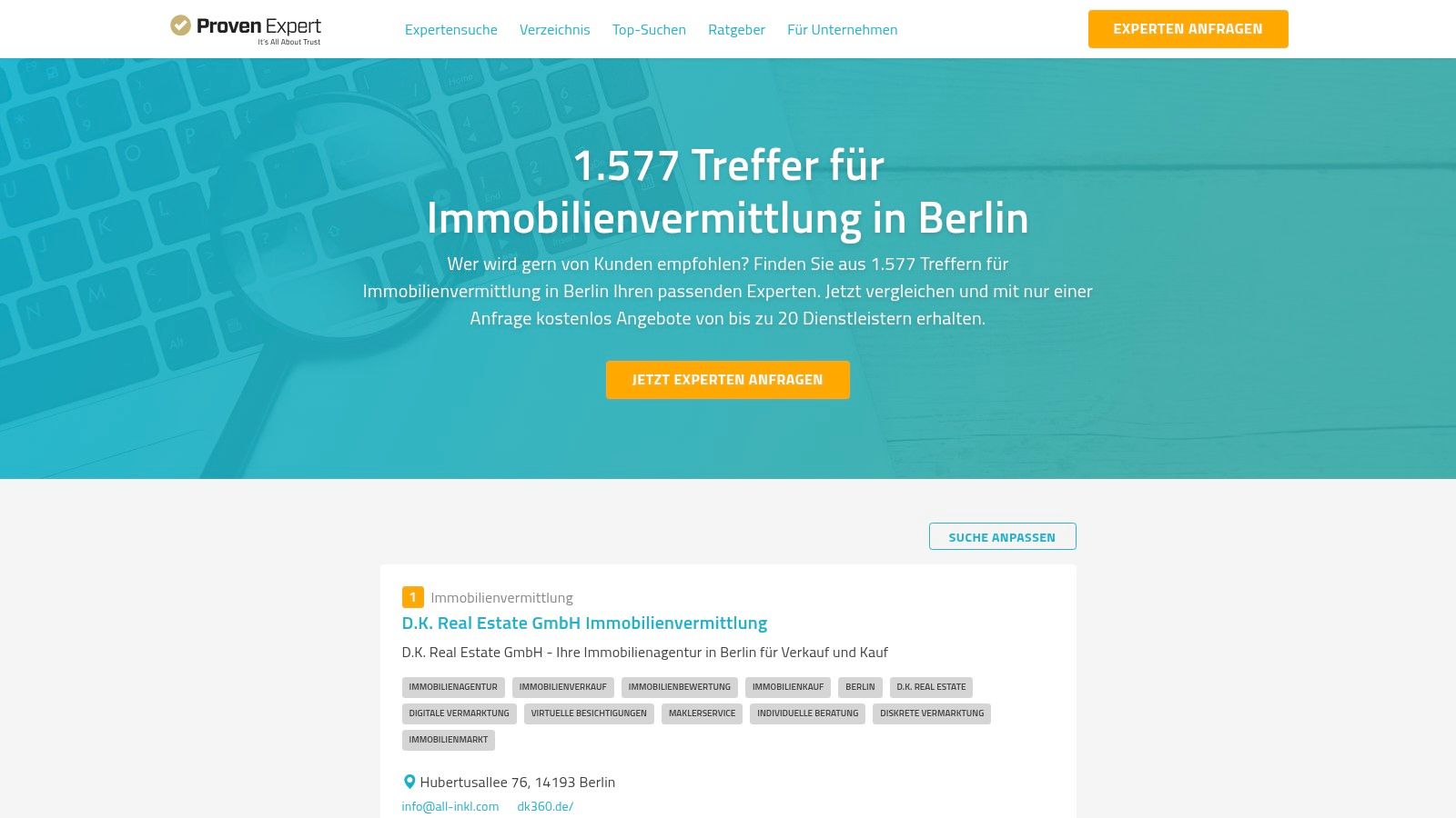 Ein Einblick in die Suchergebnisse für Immobilienmakler in Berlin auf ProvenExpert, sortiert nach Bewertungsscore.