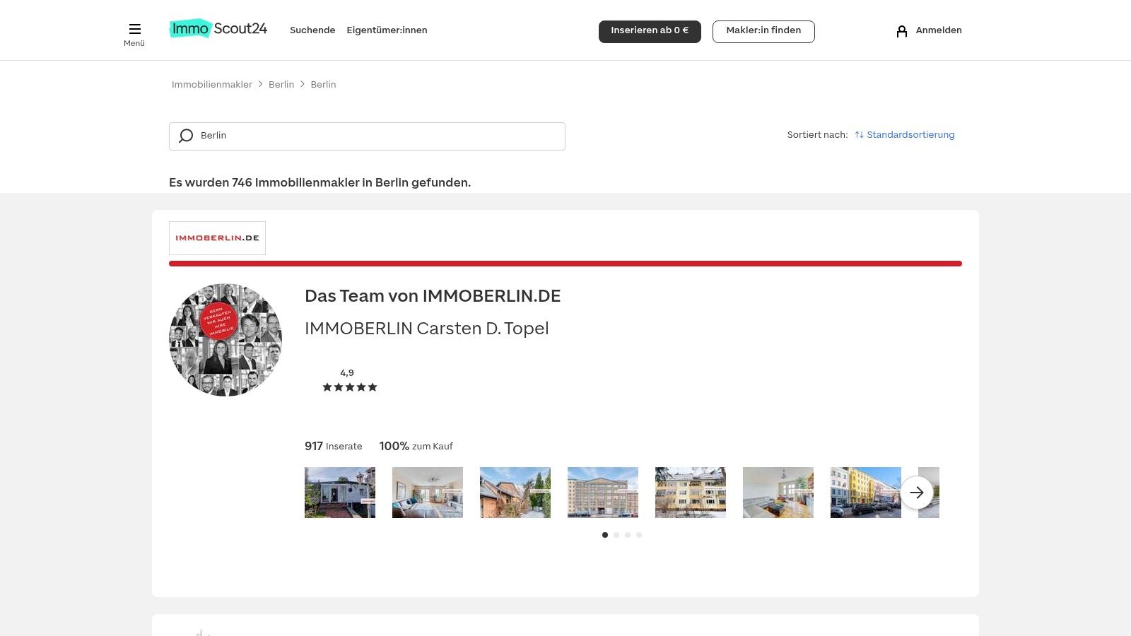 Ein Beispielprofil eines Immobilienmaklers auf der Plattform ImmoScout24 in Berlin, das Bewertungen und aktuelle Angebote zeigt.