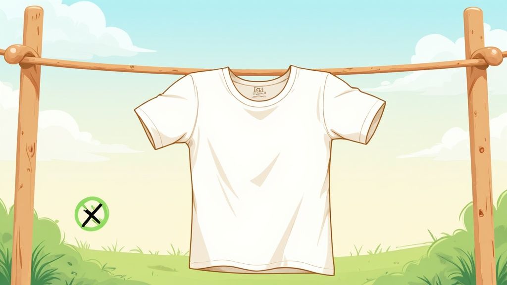 A graphic t-shirt hanging on a clothesline to air dry.