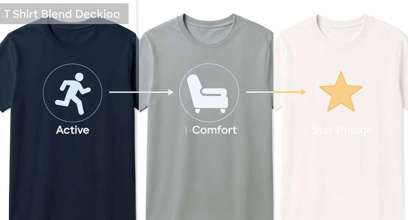 Three T-shirts showcasing active, comfort, and vintage styles with corresponding icons and text.