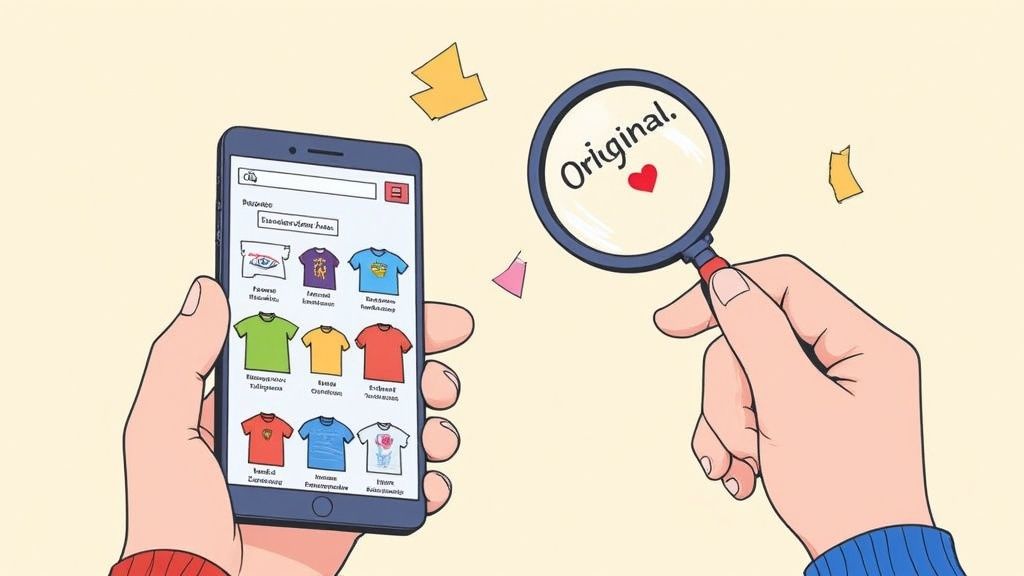 Two hands, one holding a smartphone with t-shirts, another a magnifying glass with 'Original.'