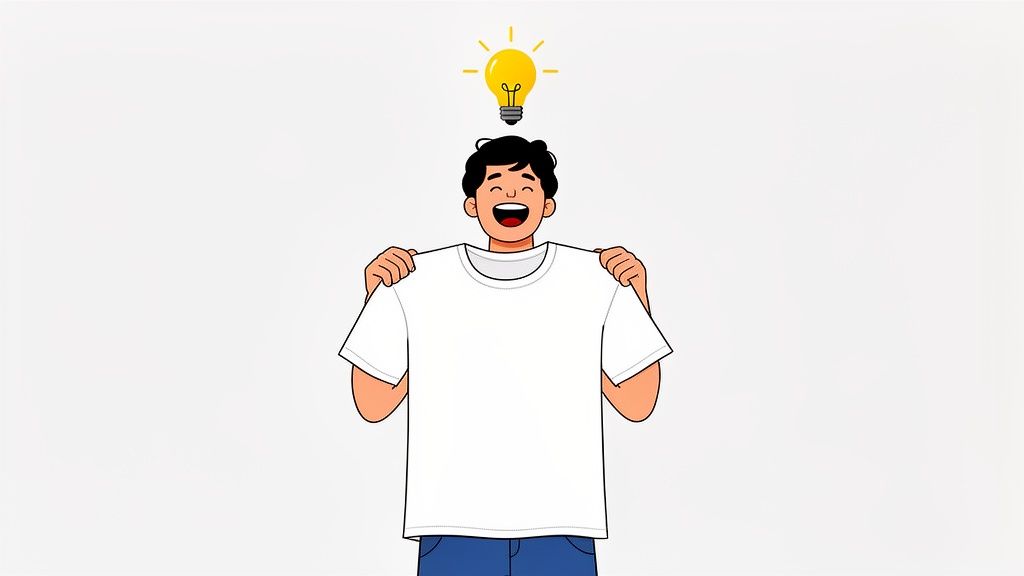 A happy person with an idea, holding a blank white t-shirt, ready for custom design.