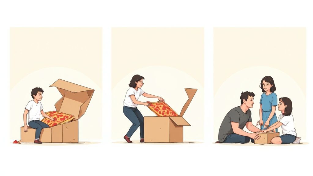 Three illustrations showing people opening cardboard boxes containing pizza and gifts at different moments