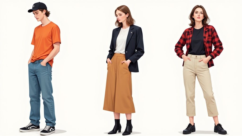 A teenager styling a funny graphic t-shirt with jeans and an open jacket.