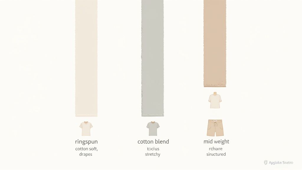 Three fabric swatches and matching apparel (t-shirts, shorts) demonstrating properties like softness, stretch, and structure for different weights.