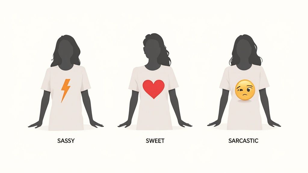 Three women's silhouettes wearing t-shirts with a lightning bolt (sassy), heart (sweet), and winking emoji (sarcastic).