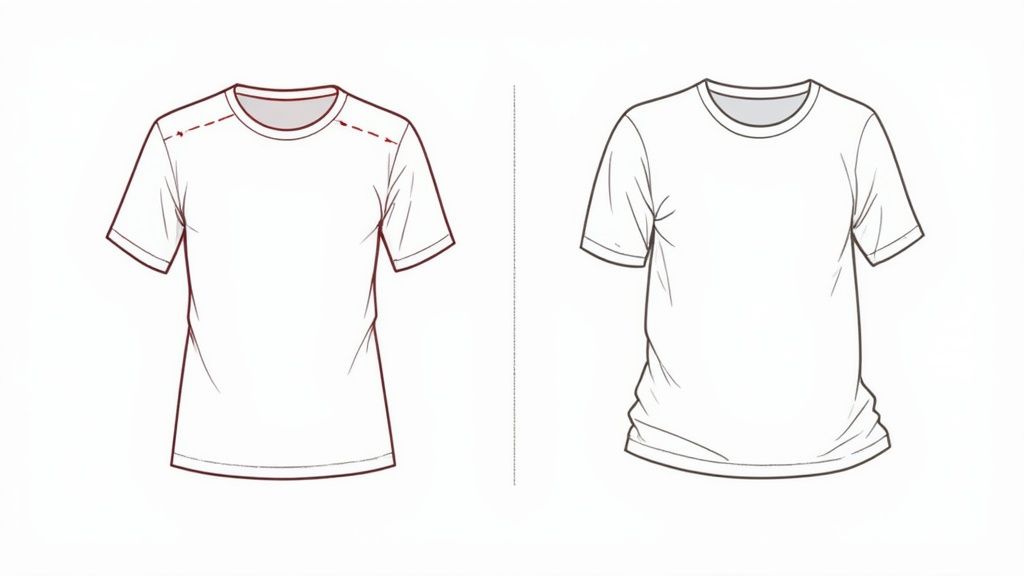 Illustrations of two distinct white t-shirt styles: a structured fit and a relaxed, draped design.