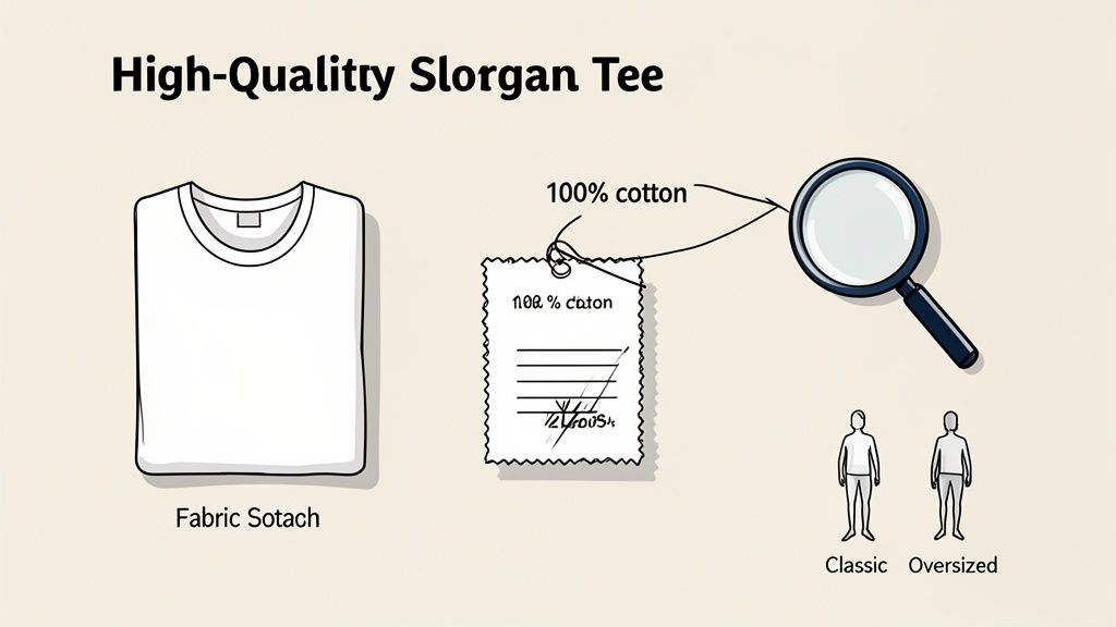 An illustration detailing a high-quality Slorgan tee, showing its 100% cotton fabric and available fits.
