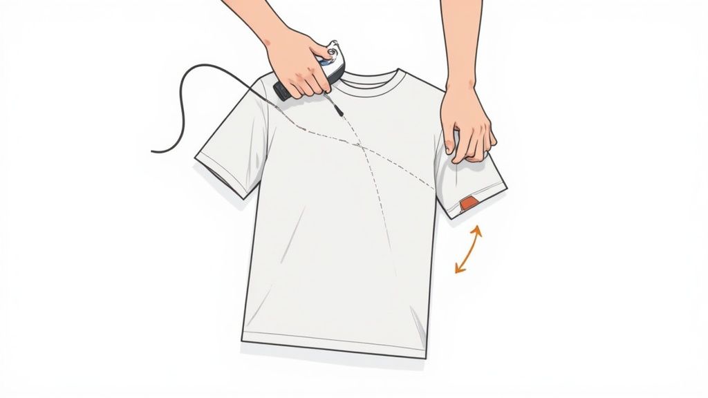 Two hands use a handheld fabric steamer on a white t-shirt, demonstrating a shrinking process.