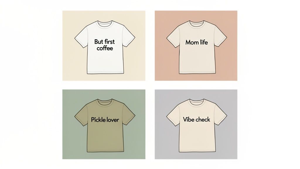 Four different t-shirts displayed in a grid, each featuring a unique slogan.