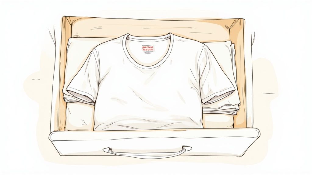 A neatly folded white t-shirt with a red label lies inside an open cardboard box.