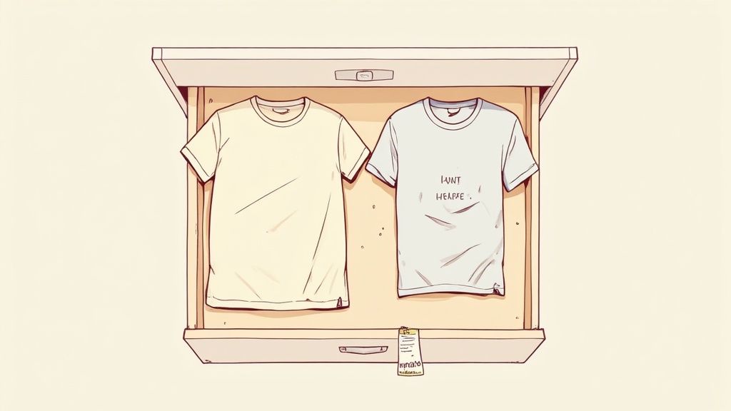 An open drawer contains two folded t-shirts, one yellow and one one light blue with text.