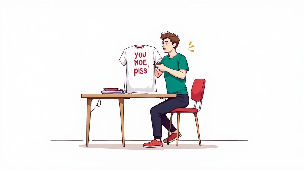 A woman wearing a custom-designed graphic tee, smiling.