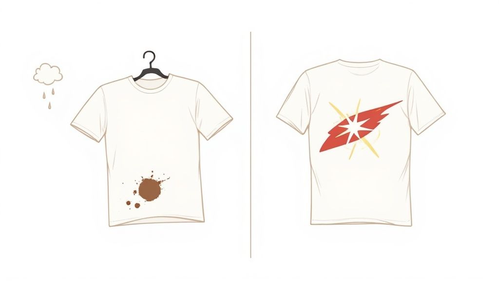 Two white t-shirts side-by-side, one stained with mud, the other featuring a red and yellow graphic design.