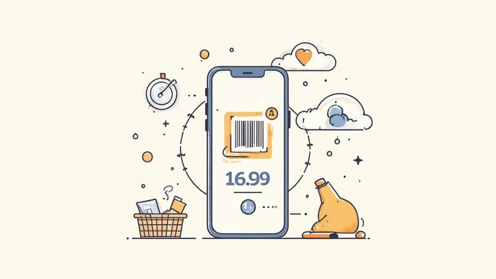 A person using their phone to scan a barcode on a t-shirt, demonstrating simple inventory tech.