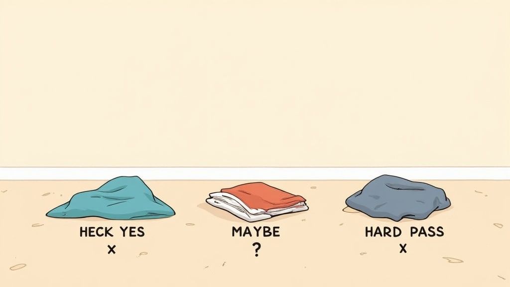 Three piles of clothes on the floor, labeled 'HECK YES', 'MAYBE', and 'HARD PASS'.