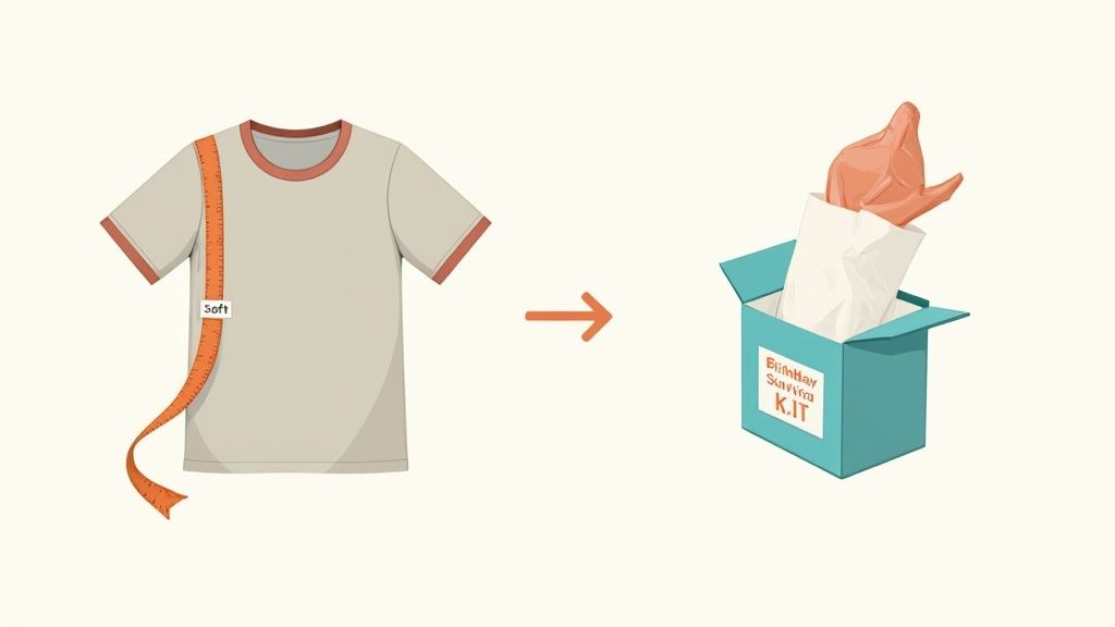 A soft t-shirt being measured, with an arrow pointing to a 'Birthday Survival Kit' box containing a novelty item.