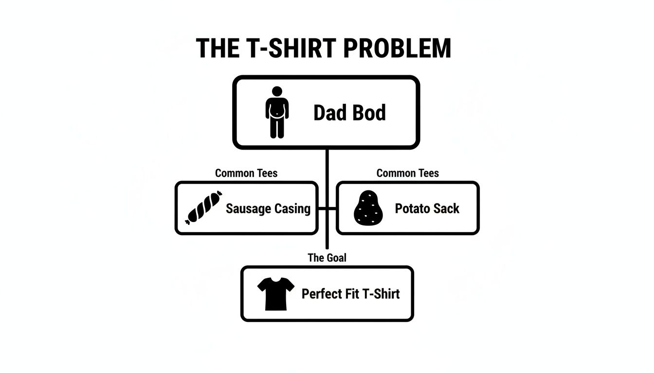 Flowchart showing the 'Dad Bod' T-shirt problem, where common tees fit poorly, aiming for a perfect fit.