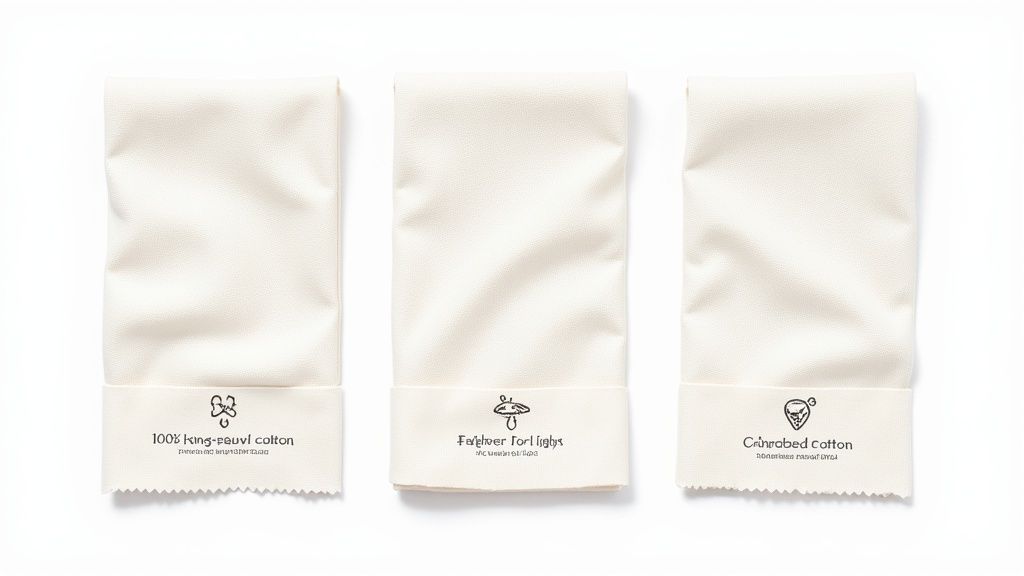 Three cream-colored fabric swatches are displayed, each with a unique black logo and text on its folded edge.