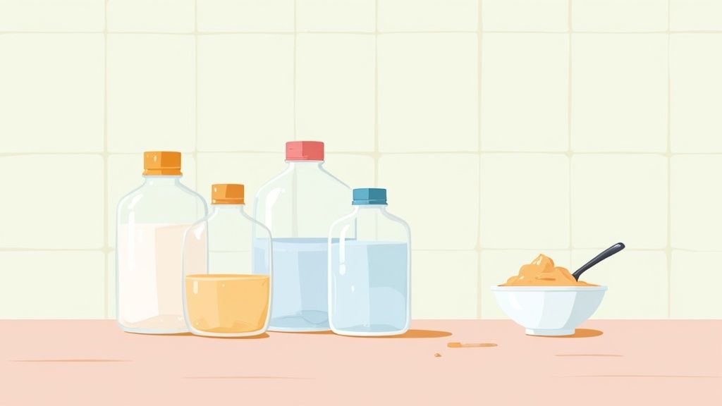 Assortment of liquid ingredients in bottles and a bowl of paste with a spoon on a counter.