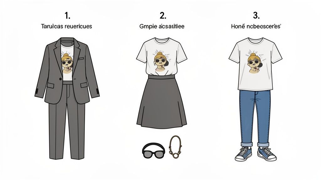 Three outfit styles featuring a white t-shirt with a 'burnt out' cartoon character. Outfits include a suit, skirt, and jeans.