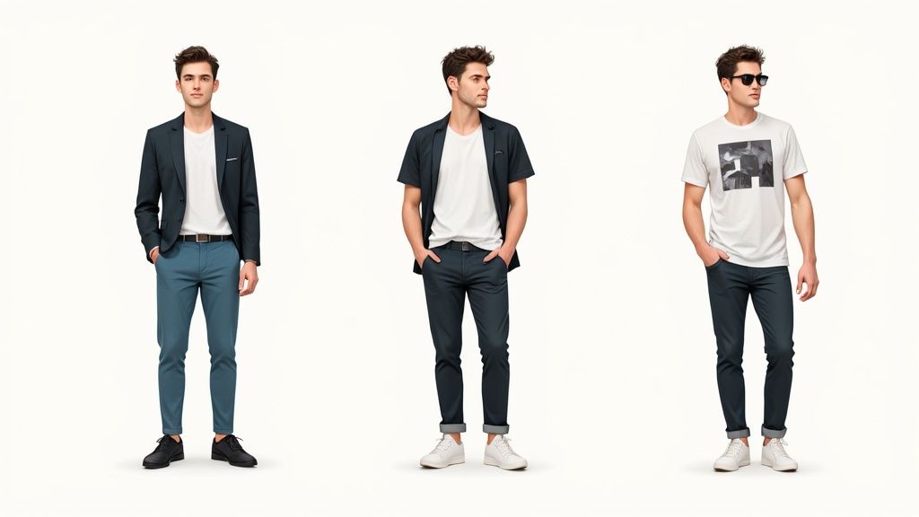 A man wearing a unique graphic t-shirt layered under a blazer.