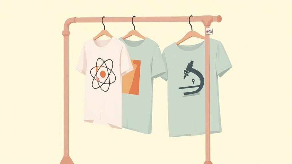 A woman laughing while looking at her phone, wearing a comfortable graphic tee.