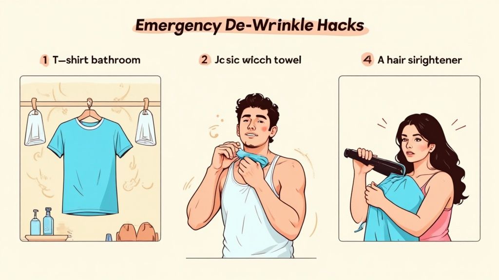 Illustrations of emergency de-wrinkle hacks, including using a T-shirt in a bathroom, a cold towel, and a hair straightener.