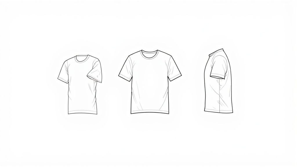Technical drawings of a white short-sleeve t-shirt shown from front-left, front, and side views.