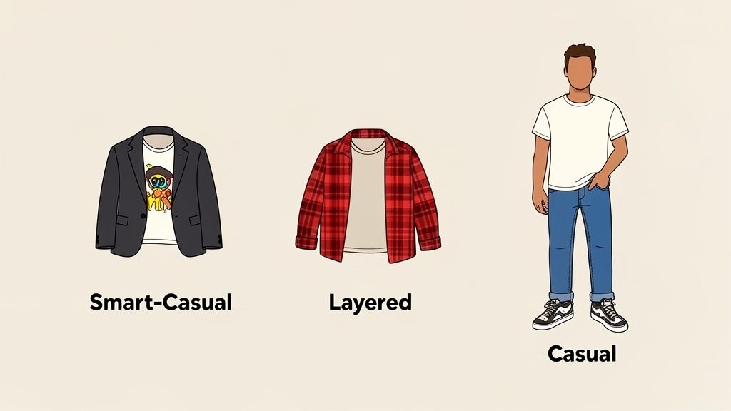 Illustrations showcasing three men's outfit styles: smart-casual blazer, layered plaid shirt, and casual tee with jeans.