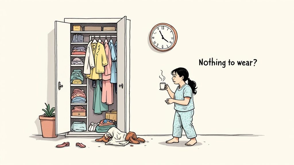 A person in pajamas holds a steaming mug, looking frustrated at an open, full wardrobe. Text: "Nothing to wear?".