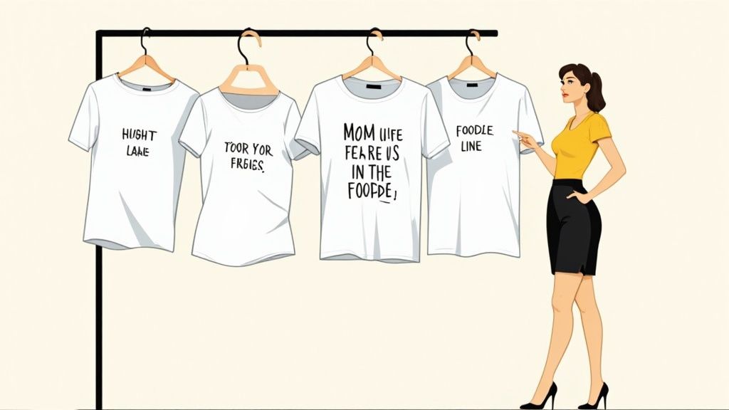 A woman wearing a funny graphic t-shirt and smiling.