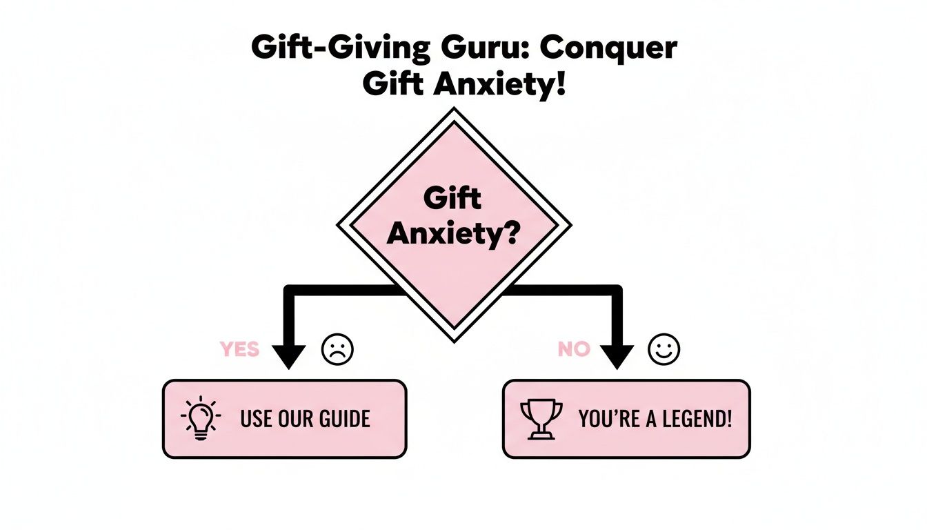 Flowchart: 'Gift Anxiety?'. Yes, use our guide. No, you're a legend. Conquer gift-giving anxiety.