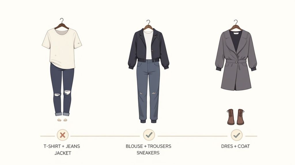 Three casual outfit examples with checkmarks and crosses, showing different fashion styles.