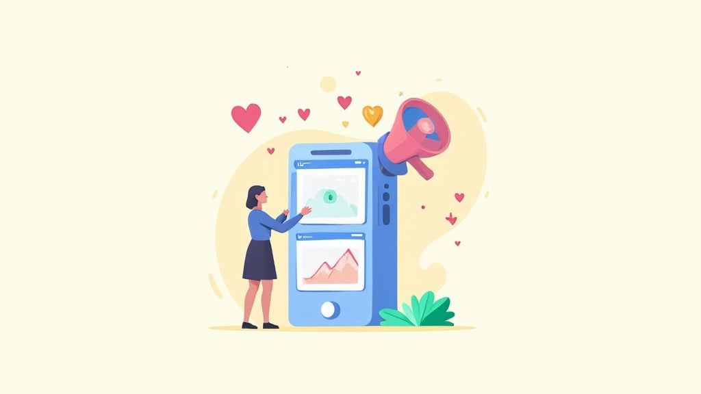 A person sitting on a couch, using their laptop to manage their brand's social media accounts, with engagement icons floating around them.