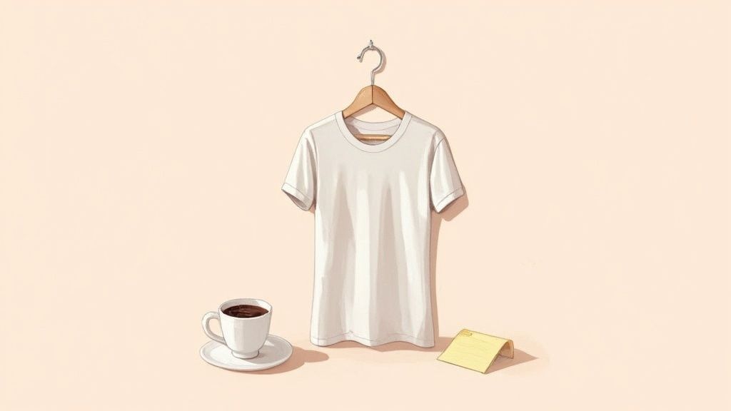 White blank t-shirt on wooden hanger with coffee cup and sticky note on beige background