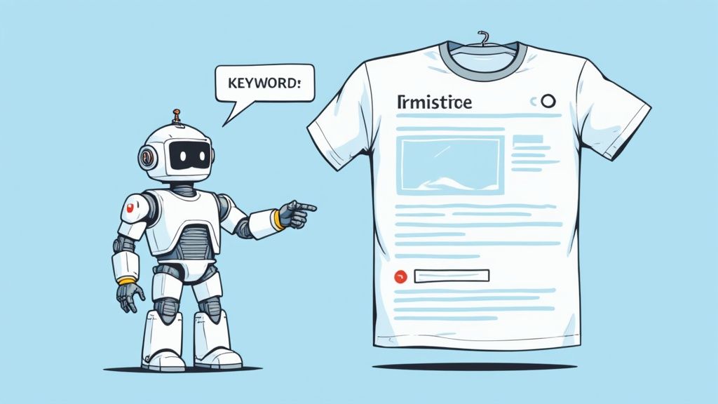 A person is creating a visually appealing product listing on a laptop, with various t-shirt mockups and keyword ideas scattered around.