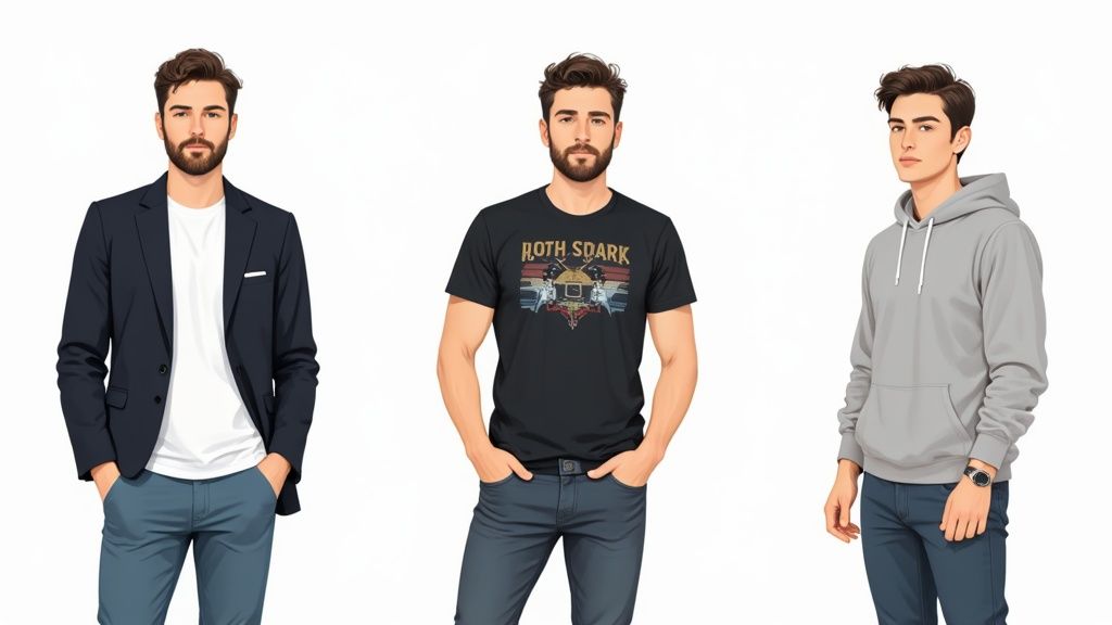Three men modeling different casual clothing styles including blazer, graphic tee, and hoodie
