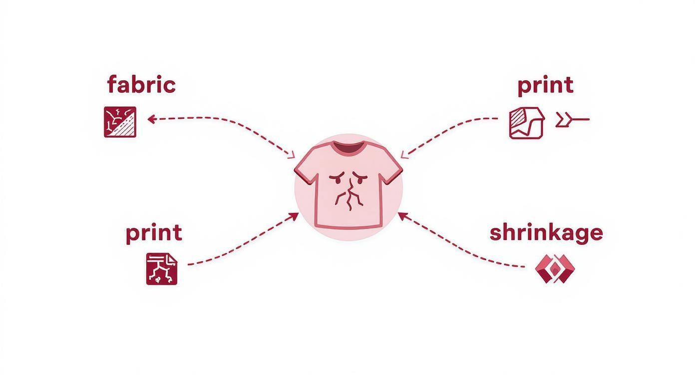 Diagram illustrating a damaged t-shirt affected by fabric problems, print issues, and shrinkage.