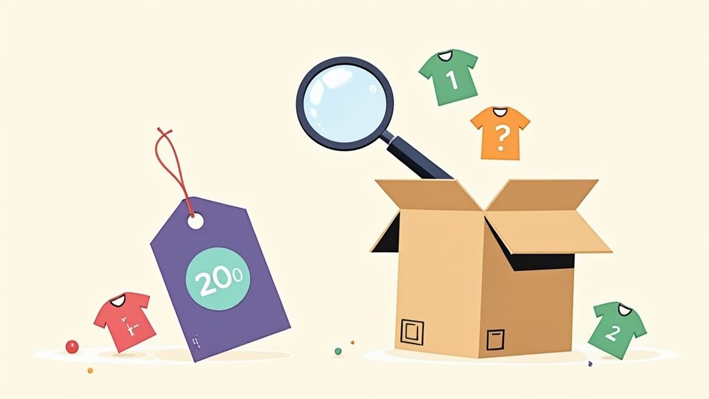 An illustration showing a price tag, a magnifying glass over a box, and various t-shirts.