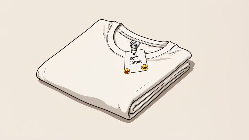A perfectly folded white t-shirt with a 'SOFT COTTON' tag featuring two happy emojis.