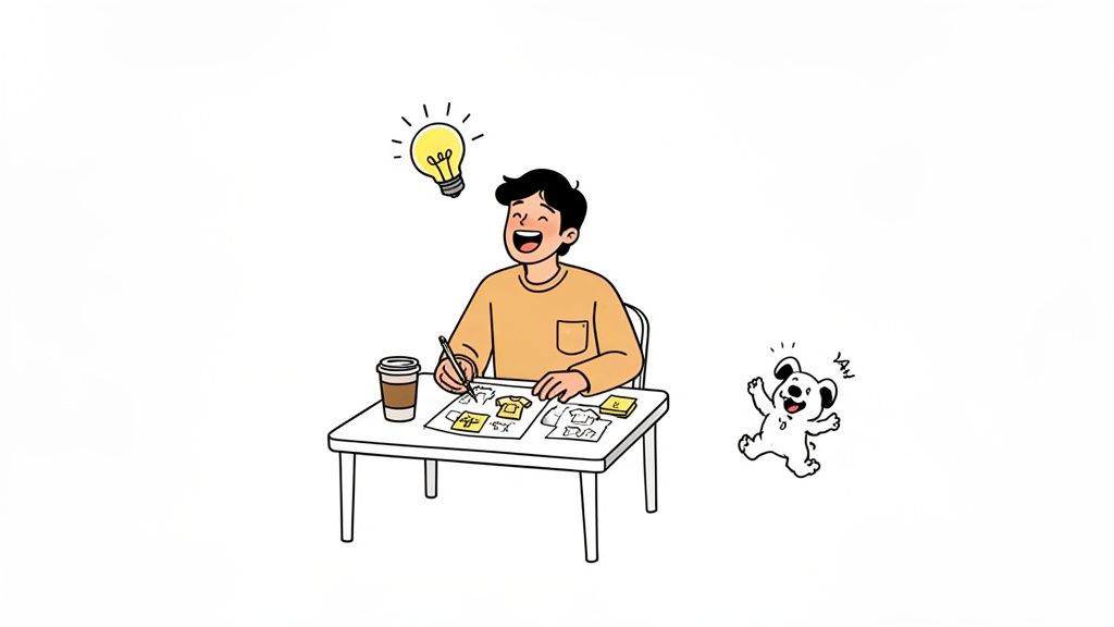 A happy person drawing t-shirt designs at a desk, with a lightbulb idea, and a joyful pet.