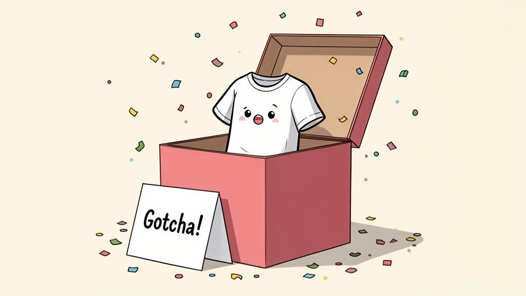 A cartoon t-shirt with a cute face pops out of a red gift box amidst falling confetti.
