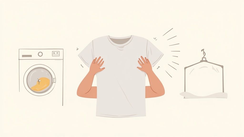 An illustration showing a washing machine, hands stretching a t-shirt, and a clothes hanger for laundry care.