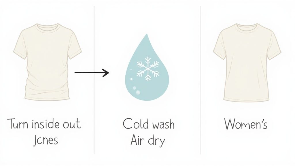 Illustration showing three steps for t-shirt care: turn inside out, cold wash, and air dry.
