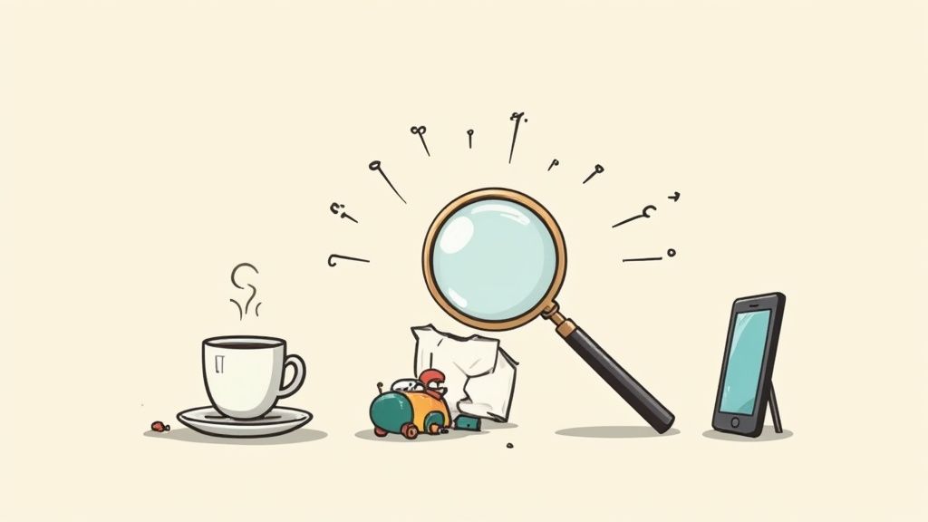 A person writing in a notebook, brainstorming ideas for t-shirt designs, with various design elements scattered around.