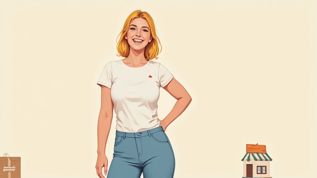 A smiling blonde cartoon woman in a white t-shirt and blue jeans stands cheerfully.